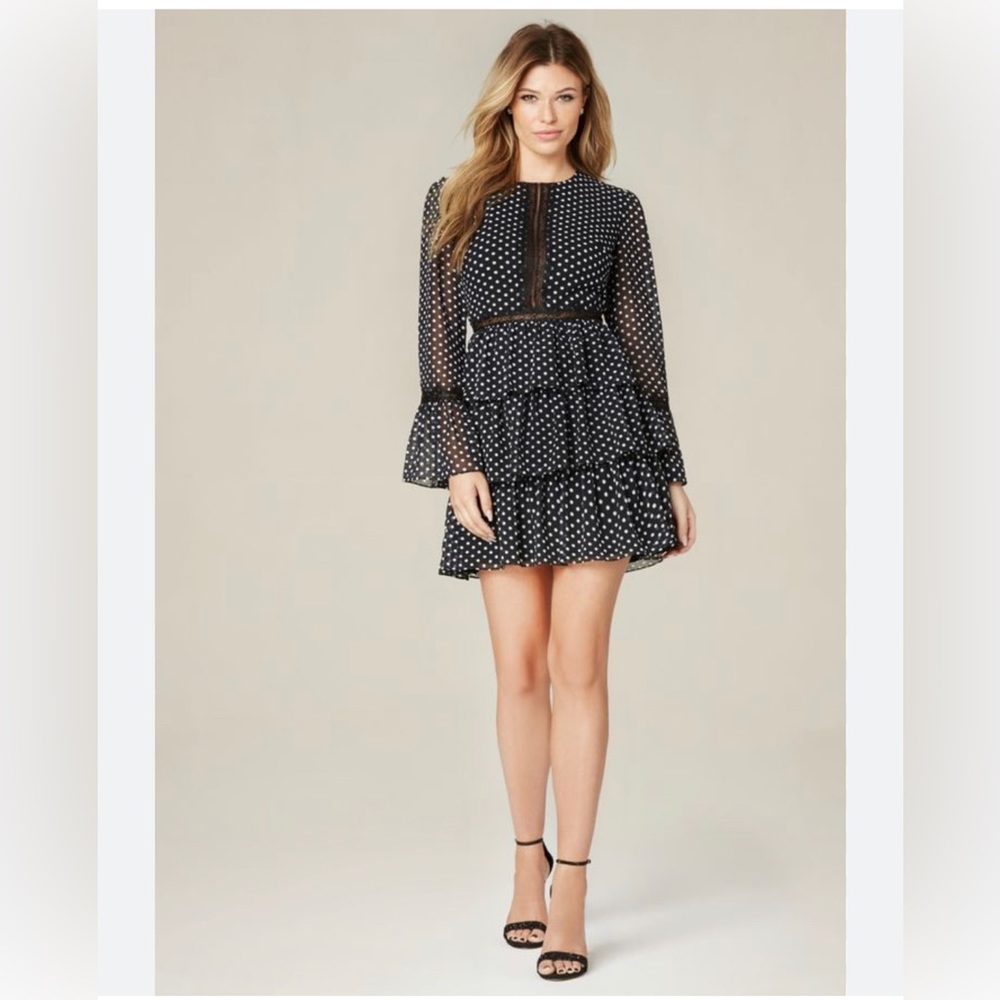 Bebe Black/White Polka Dot Ruffle Tier Flounce Sleeve Lace Insert Mini Dress